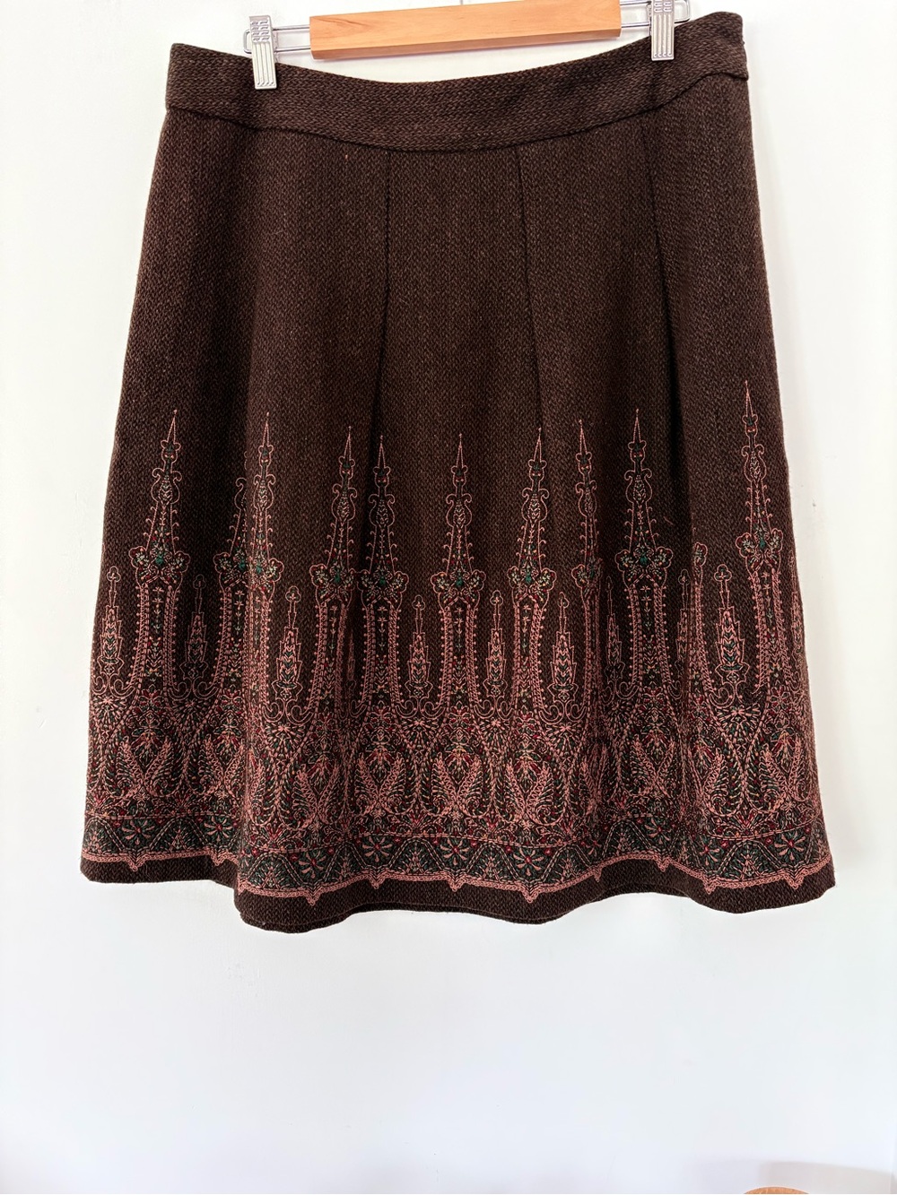 LOFT 14P Brown Tweed A-Line Skirt Boho Embroidery 26” L Wool Blend Fall Classic